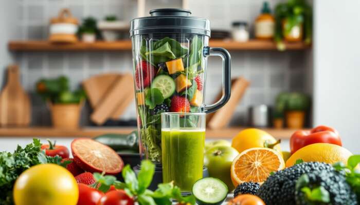 A vibrant kitchen scene with colorful alkaline ingredients like leafy greens, cucumbers, and fruits layered in a high-quality blender, featuring a glass of freshly blended juice in the foreground, symbolizing freshness and health.