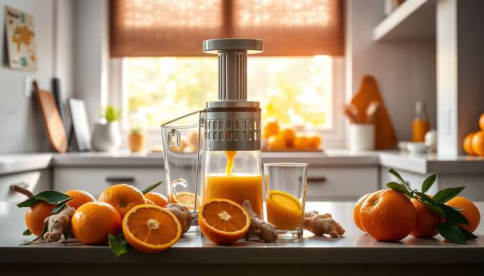 A hand juicer in a bright kitchen, surrounded by fresh oranges and ginger, with juice flowing into a glass and sunlight streaming through a window.