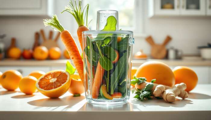 A colorful assortment of fresh fruits and vegetables, including oranges, carrots, spinach, and ginger, in a glass juicer with juice droplets, on a sunlit kitchen countertop.