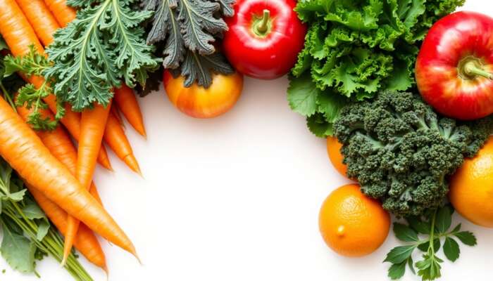 A colorful display of fresh fruits and vegetables, including orange carrots, green kale, red apples, and yellow oranges, highlighting the importance of variety in juicing for health benefits.