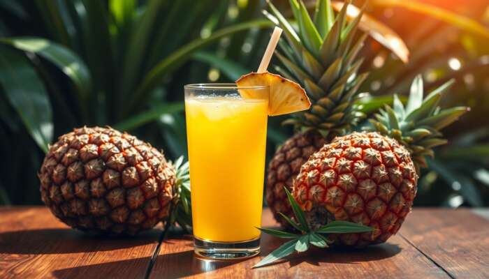 A glass of fresh pineapple juice on a wooden table, surrounded by ripe pineapples and illuminated by sunlight filtering through tropical leaves.