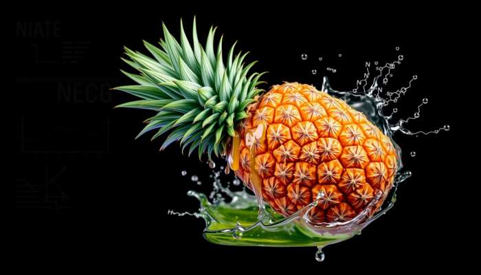 Fresh pineapple with juice droplets, surrounded by tropical leaves, representing health and vitality, with an abstract depiction of digestive enzymes in the background.