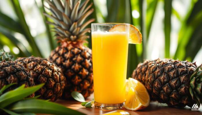 A glass of fresh pineapple juice with ripe pineapples on a wooden table, illuminated by sunlight through green leaves, symbolizing freshness and gut health.