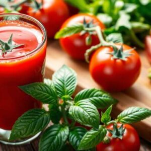 A glass of tomato juice sits on a wooden table next to fresh tomatoes, basil leaves, and a cutting board with chopped vegetables and a knife, highlighting the health benefits of fresh ingredients.