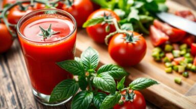 A glass of tomato juice sits on a wooden table next to fresh tomatoes, basil leaves, and a cutting board with chopped vegetables and a knife, highlighting the health benefits of fresh ingredients.