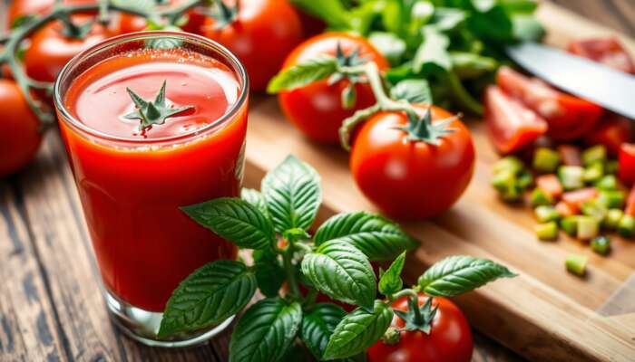 A glass of tomato juice sits on a wooden table next to fresh tomatoes, basil leaves, and a cutting board with chopped vegetables and a knife, highlighting the health benefits of fresh ingredients.