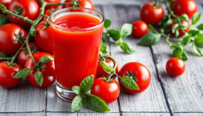 Fresh glass of tomato juice with ripe tomatoes and basil on a rustic wooden table, highlighting its rich vitamins and nutrients.