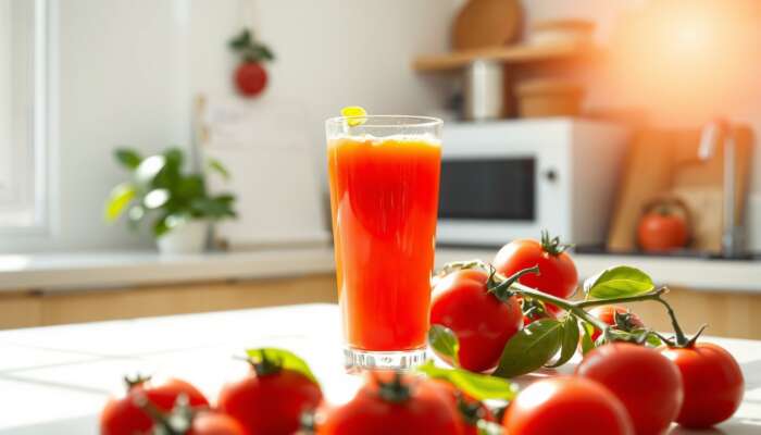 A glass of fresh tomato juice surrounded by ripe tomatoes and basil leaves, highlighting health benefits.