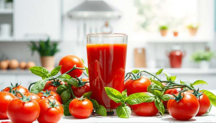A glass of fresh tomato juice with ripe tomatoes and green basil leaves in a bright kitchen, highlighting vibrant colors and natural light.