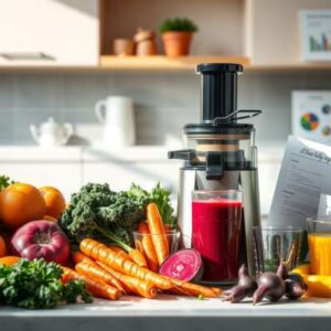 A juicer and two glasses of juice sit on a kitchen counter surrounded by fresh vegetables and fruits, perfect for juicing for weight loss and better health. Shelves and kitchen items are visible in the background.