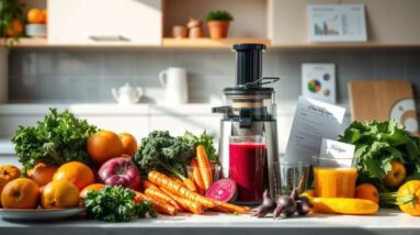 A juicer and two glasses of juice sit on a kitchen counter surrounded by fresh vegetables and fruits, perfect for juicing for weight loss and better health. Shelves and kitchen items are visible in the background.
