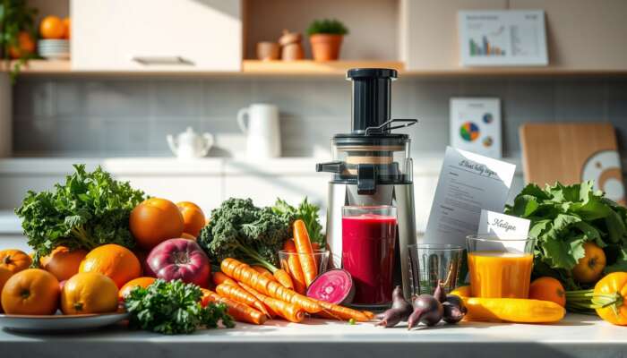 A juicer and two glasses of juice sit on a kitchen counter surrounded by fresh vegetables and fruits, perfect for juicing for weight loss and better health. Shelves and kitchen items are visible in the background.