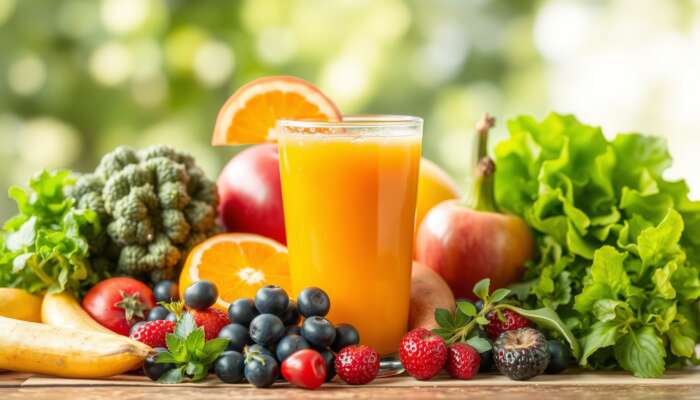 A colorful glass of juice surrounded by a variety of fresh fruits and vegetables, highlighting the benefits of juicing for weight loss and health.