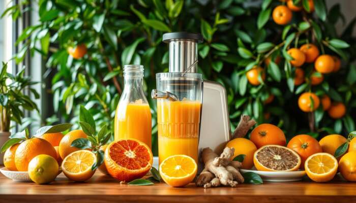 A colorful juice bar scene with fresh oranges, lemons, and ginger roots, showcasing a juicer in action and surrounded by green leafy plants, highlighting health and vitality.