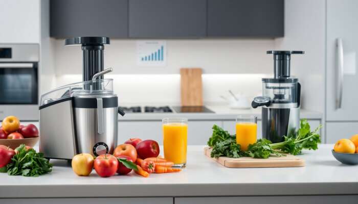 A modern kitchen countertop with a sleek masticating juicer and a centrifugal juicer, surrounded by fresh fruits and vegetables, including apples, carrots, and leafy greens, along with a cutting board and a glass of freshly juiced juice.