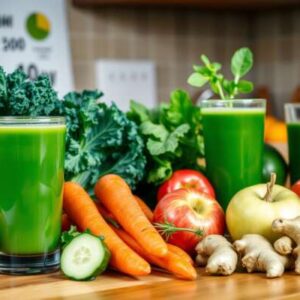 A wooden table with green juice in three glasses, surrounded by fresh kale, carrots, cucumbers, apples, ginger, and leafy greens—perfect for Health Blends or Beauty Juice Recipes that nourish radiant skin in a vibrant kitchen setting.