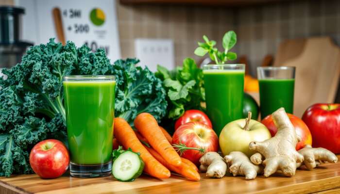 A wooden table with green juice in three glasses, surrounded by fresh kale, carrots, cucumbers, apples, ginger, and leafy greens—perfect for Health Blends or Beauty Juice Recipes that nourish radiant skin in a vibrant kitchen setting.