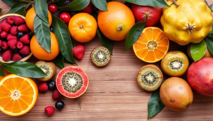 A colorful display of fresh berries, oranges, kiwis, papayas, and mangos on a wooden table, with glistening juice droplets and green leaves, showcasing a refreshing and healthy beauty juice arrangement.