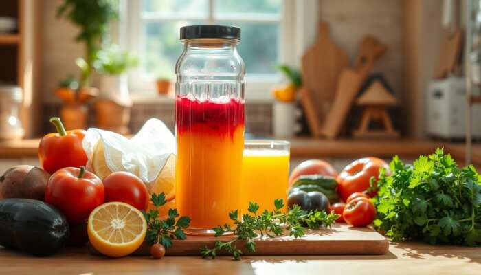 A refreshing juice made from a colorful blend of fruits and vegetables, surrounded by fresh herbs on a wooden cutting board in a sunlit kitchen.
