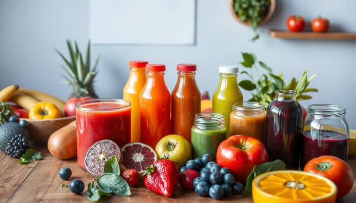 Colorful beauty juices in glass bottles surrounded by fresh fruits and vegetables on a wooden table, showcasing their vibrant health benefits.