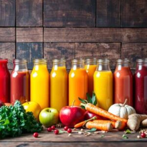 A row of assorted juice bottles in vibrant colors sits behind fresh fruits and vegetables, perfect for a juice cleanse, on a wooden table with a rustic wooden background.
