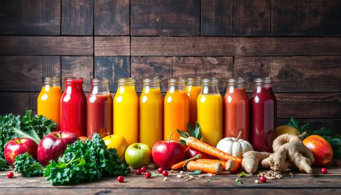 A row of assorted juice bottles in vibrant colors sits behind fresh fruits and vegetables, perfect for a juice cleanse, on a wooden table with a rustic wooden background.