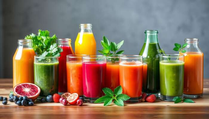 A colorful display of various juices in clear glass bottles, including green kale and spinach, bright orange citrus, deep red beet and carrot, mixed berry, and fresh herbal juices, arranged on a wooden table with natural lighting.