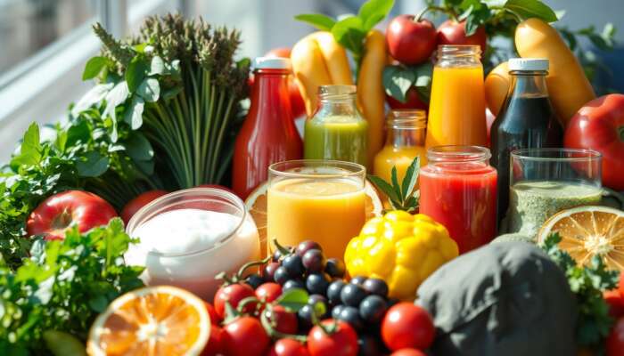 A colorful display of fresh fruits and vegetables with vibrant juices in glass bottles, representing health and vitality in a sunlit setting.