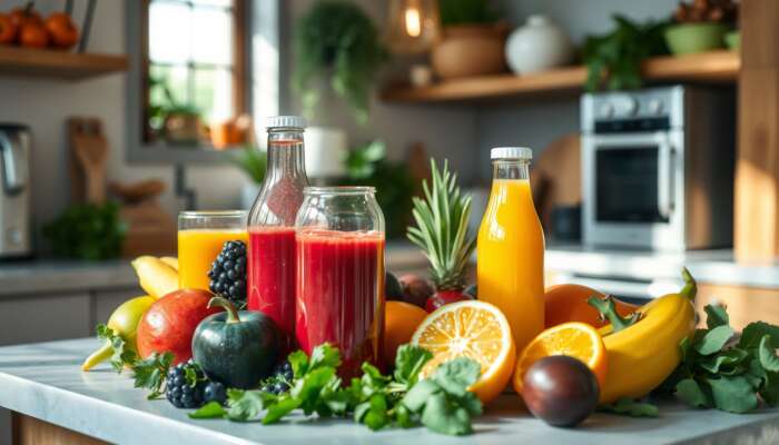 A vibrant display of colorful fresh fruits and vegetables with clear glass bottles of juice in a serene kitchen, highlighting a healthy and detoxifying lifestyle.