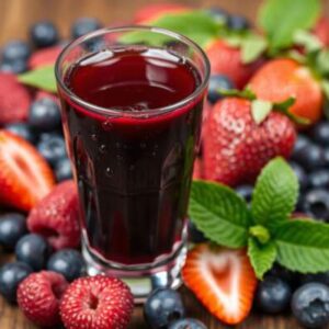 A glass of dark red berry juice sits on a wooden surface surrounded by fresh strawberries, blueberries, and raspberries, highlighting the antioxidants and health benefits these vibrant fruits provide. Green leaves are scattered among the colorful fruit.
