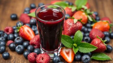 A glass of dark red berry juice sits on a wooden surface surrounded by fresh strawberries, blueberries, and raspberries, highlighting the antioxidants and health benefits these vibrant fruits provide. Green leaves are scattered among the colorful fruit.
