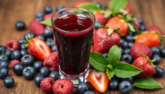 A glass of dark red berry juice sits on a wooden surface surrounded by fresh strawberries, blueberries, and raspberries, highlighting the antioxidants and health benefits these vibrant fruits provide. Green leaves are scattered among the colorful fruit.