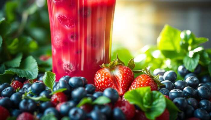 A colorful display of fresh blueberries, strawberries, and raspberries in a glass pitcher of berry juice, surrounded by leafy greens and sunlight, representing health and vitality.