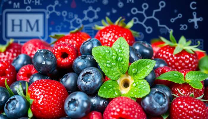 A colorful display of fresh blueberries, strawberries, and raspberries with glistening juice droplets, set against a scientific backdrop of molecular structures and antioxidant symbols.