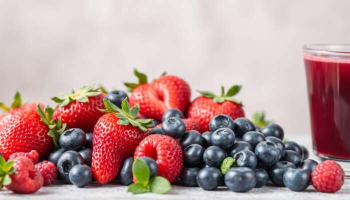 A colorful display of fresh blueberries, strawberries, and raspberries alongside a glass of berry juice, set against a natural background that conveys health and vitality.