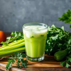 A glass of green juice sits on a wooden board surrounded by fresh celery stalks, parsley, a cucumber, and a tomato, ready to offer you the health advantages of celery juice benefits against a soft gray background.