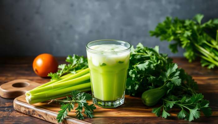 A glass of green juice sits on a wooden board surrounded by fresh celery stalks, parsley, a cucumber, and a tomato, ready to offer you the health advantages of celery juice benefits against a soft gray background.
