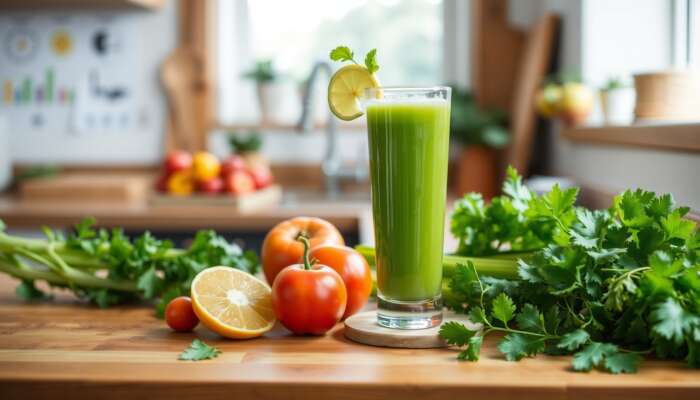 A glass of vibrant green celery juice on a wooden counter, surrounded by fresh celery stalks, leafy greens, and colorful fruits, illuminated by soft morning light, symbolizing health and vitality.