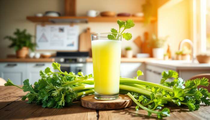 A glass of fresh celery juice surrounded by celery stalks in a bright kitchen, emphasizing a healthy lifestyle.