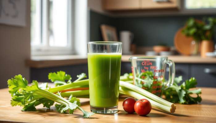 A glass of fresh celery juice on a wooden table, surrounded by celery stalks and a measuring cup, illuminated by sunlight.