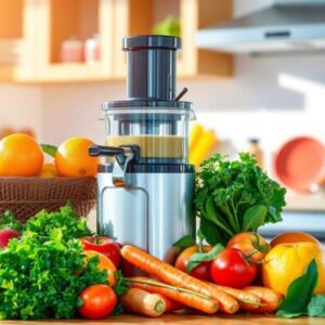 A juicer sits on a kitchen counter surrounded by fresh fruits and vegetables, including oranges, apples, carrots, and more—ideal for a vitality boost or starting your wellness-focused juice diet plan. A basket of fruit and kitchen items are in the background.