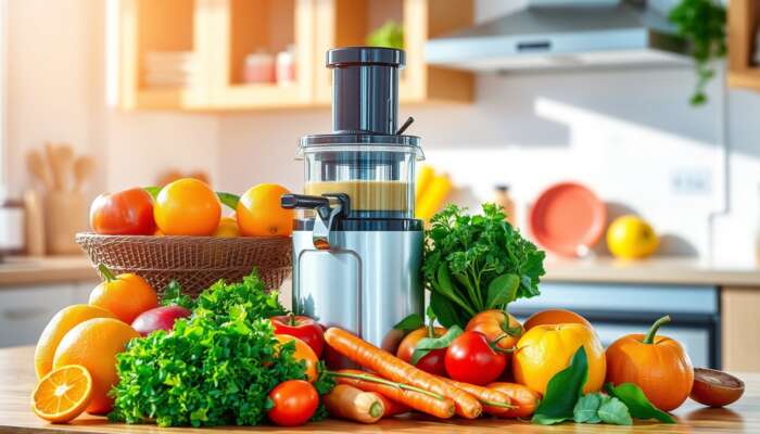 A juicer sits on a kitchen counter surrounded by fresh fruits and vegetables, including oranges, apples, carrots, and more—ideal for a vitality boost or starting your wellness-focused juice diet plan. A basket of fruit and kitchen items are in the background.