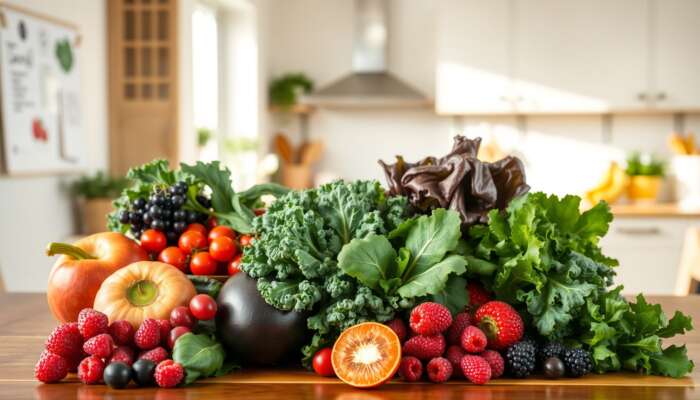 A colorful display of fresh, organic fruits and vegetables, including kale, spinach, and berries, on a wooden table in a sunlit kitchen, highlighting their freshness and nutrient density.