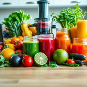 A kitchen counter with various fresh fruits, vegetables, leafy greens, and jars filled with colorful juices—perfect for anyone seeking wellness tips or looking to boost health through a juicing diet. A juicer and kitchen utensils are also visible in the background.
