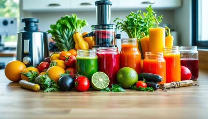 A kitchen counter with various fresh fruits, vegetables, leafy greens, and jars filled with colorful juices—perfect for anyone seeking wellness tips or looking to boost health through a juicing diet. A juicer and kitchen utensils are also visible in the background.