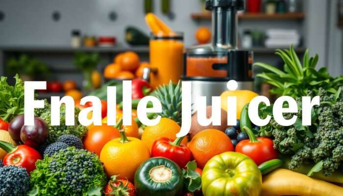 A colorful display of fresh fruits and vegetables with a sleek juicer in the background, highlighting the juicing process for health and vitality.