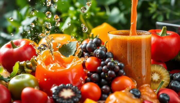 A vibrant assortment of colorful fruits and vegetables being juiced, with fresh juice splashing, symbolizing health and vitality.