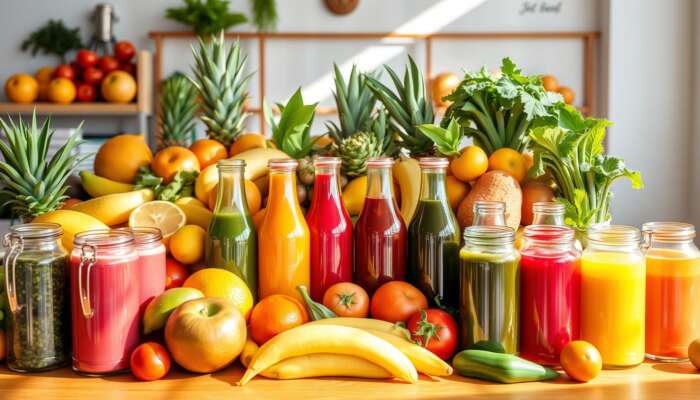 A colorful display of fresh fruits and vegetables with clear glass bottles of juice, illuminated by sunlight, highlighting the benefits of juicing for health.