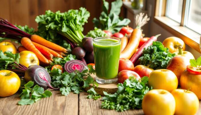 A colorful display of fresh fruits and vegetables, including beets, carrots, leafy greens, and apples, with a glass of green juice in the center on a rustic wooden table, illuminated by warm sunlight.