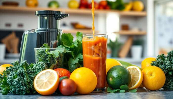 A colorful assortment of fruits and vegetables being juiced in a bright kitchen, showcasing fresh greens and citrus fruits for liver detoxification.